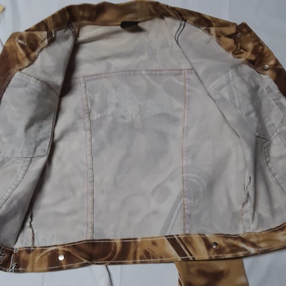 Navi Jeans Vintage Denim Jean Jacket Japanese Anime Design Gold Tie-Dye Size S - Picture 9 of 11